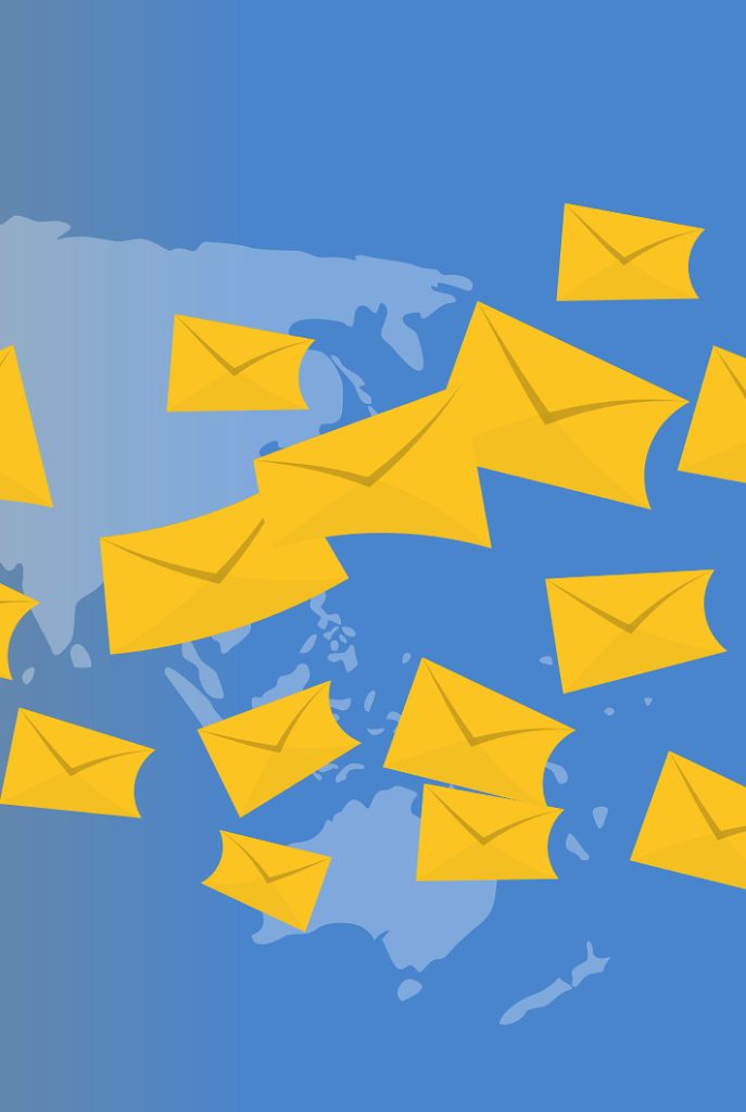 An email pro forma with an image of letters crossing the world