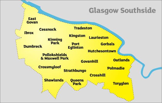 A map showing the main communities in Glasgow Southside