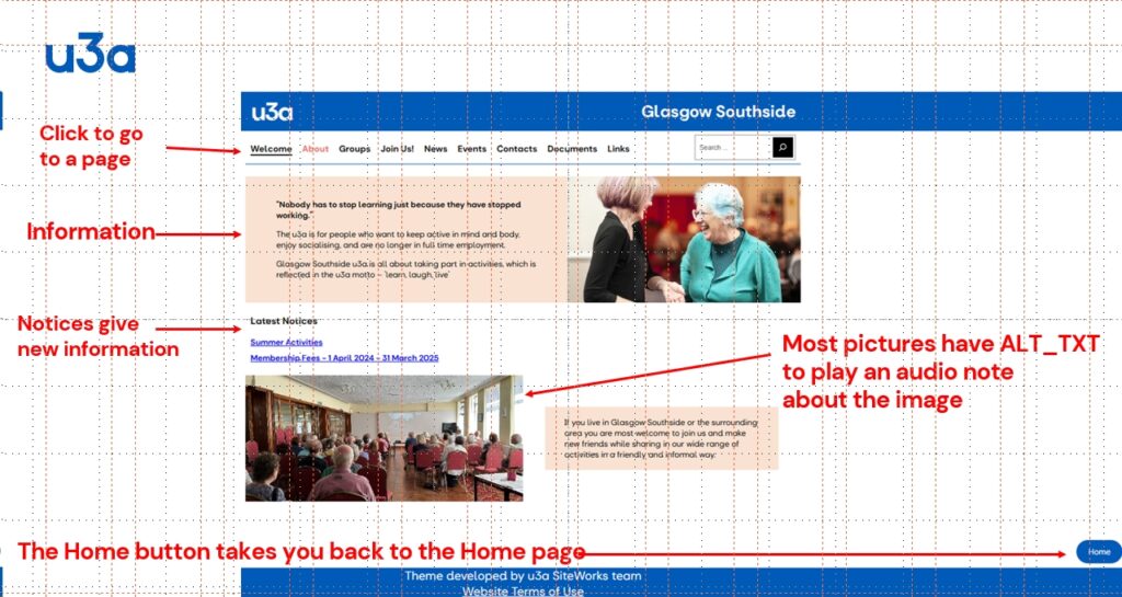This is an image of the Welcome page of the Website containing guidance on how to navigate the site